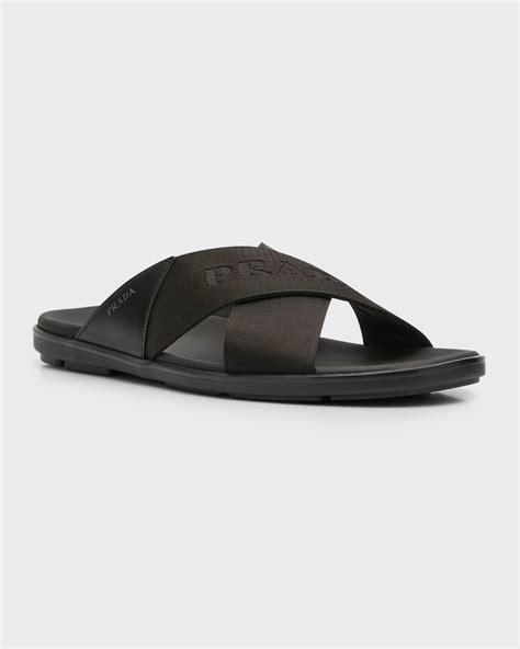 Prada Men's Nastro Web Logo Slide Sandals 